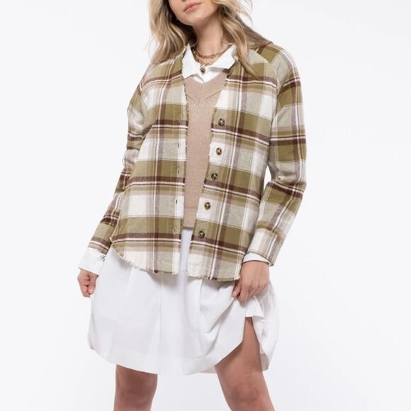 Distressed Button Down Olive Plaid Shacket - Picture 1 of 6